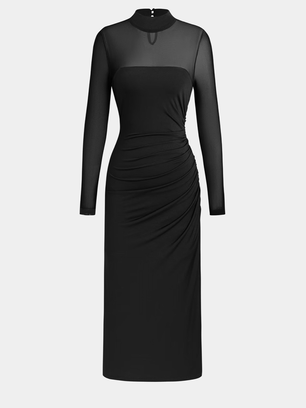 Cupshe Black Long-Sleeve Sheer Yoke Ruched Midi Dress